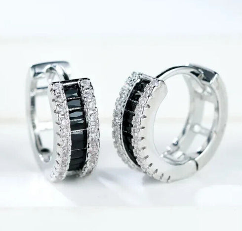Iced Out 14K White Gold Plated Pave Black Cubic Zirconia Men Women Hoop Earrings